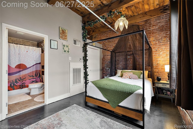 6533 E Jefferson Ave Unit 312W, Detroit, MI 48207 - bedroom featuring brick wall, a wood ceiling with exposed beams, concrete flooring, a high ceiling, and ensuite bathroom