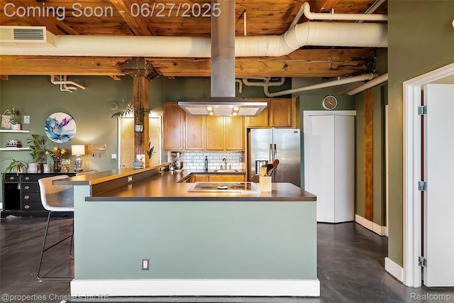 6533 E Jefferson Ave Unit 312W, Detroit, MI 48207 - kitchen featuring stainless steel refrigerator with ice dispenser, tasteful backsplash, a wood ceiling with exposed beams, electric cooktop, and a peninsula