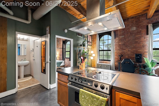 6533 E Jefferson Ave Unit 312W, Detroit, MI 48207 - kitchen featuring stainless steel range with electric stovetop, exhaust hood, a wooden ceiling with exposed beams, finished concrete floors, and brown cabinets