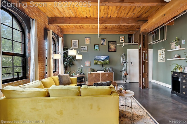 6533 E Jefferson Ave Unit 312W, Detroit, MI 48207 - living room featuring a wood ceiling with exposed beams and brick wall