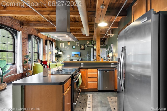 6533 E Jefferson Ave Unit 312W, Detroit, MI 48207 - kitchen with appliances with stainless steel finishes, concrete floors, a wooden ceiling with exposed beams, a peninsula, and brick wall