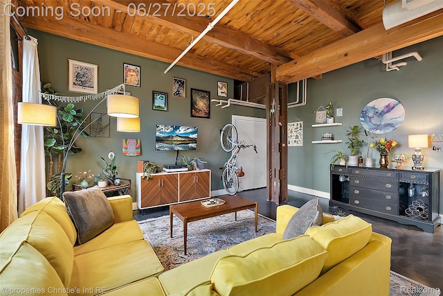 6533 E Jefferson Ave Unit 312W, Detroit, MI 48207 - living area featuring a wooden ceiling with exposed beams and concrete floors