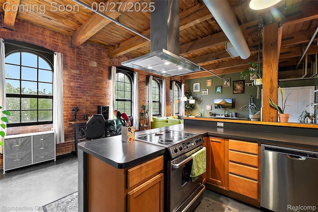 6533 E Jefferson Ave Unit 312W, Detroit, MI 48207 - kitchen with a wood ceiling with exposed beams, stainless steel appliances, brick wall, island exhaust hood, and dark countertops