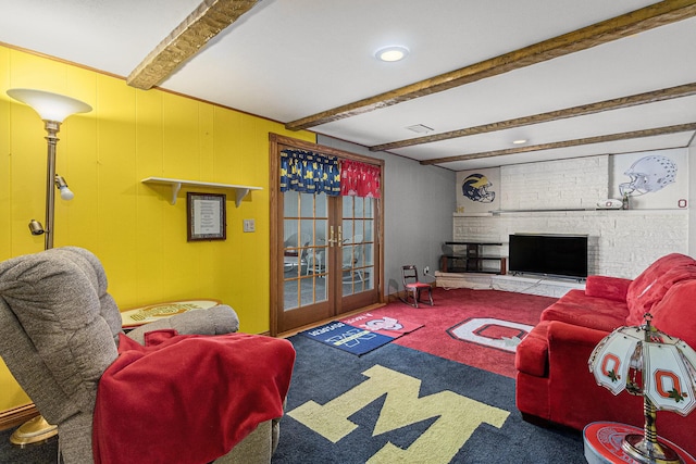4650 Rollridge Ave, Kalamazoo, MI 49004 - living room with french doors, beamed ceiling, carpet, and a brick fireplace