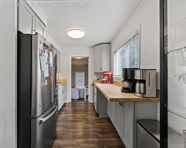 4860 Lindholm Dr, White Lake, MI 48383 - kitchen featuring freestanding refrigerator, butcher block counters, dark wood-type flooring, and gray cabinets