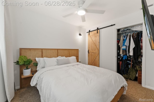 4860 Lindholm Dr, White Lake, MI 48383 - bedroom featuring a barn door, carpet flooring, a closet, and a ceiling fan