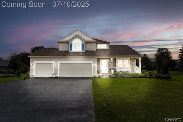 12366 Orchard Wood Dr, Fenton, MI 48430 - view of front of home with driveway, a porch, a front lawn, and an attached garage