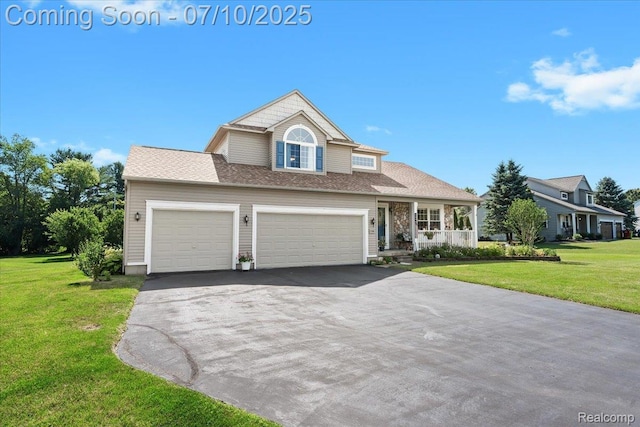 12366 Orchard Wood Dr, Fenton, MI 48430 - traditional-style home with asphalt driveway, a front yard, a porch, and a garage