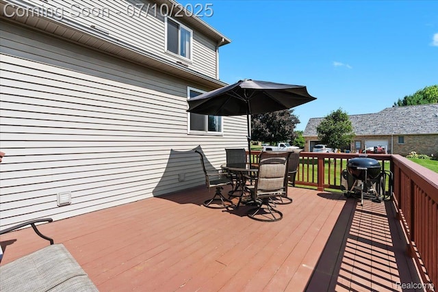 12366 Orchard Wood Dr, Fenton, MI 48430 - wooden terrace featuring grilling area and outdoor dining space