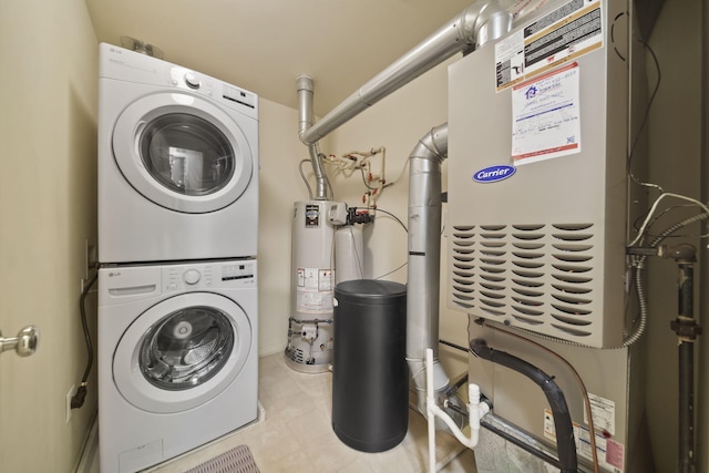 662 Village Ln, Milford, MI 48381 - laundry area with stacked washer and clothes dryer, heating unit, gas water heater, and tile patterned flooring