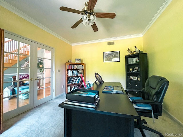 5580 Birch Ln, Davisburg, MI 48350 - office area with carpet flooring, french doors, ornamental molding, and ceiling fan