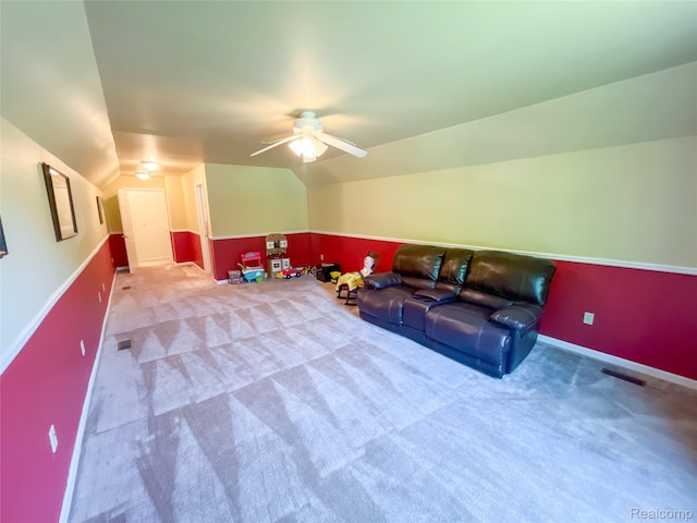 5580 Birch Ln, Davisburg, MI 48350 - living room with carpet flooring, vaulted ceiling, and a ceiling fan