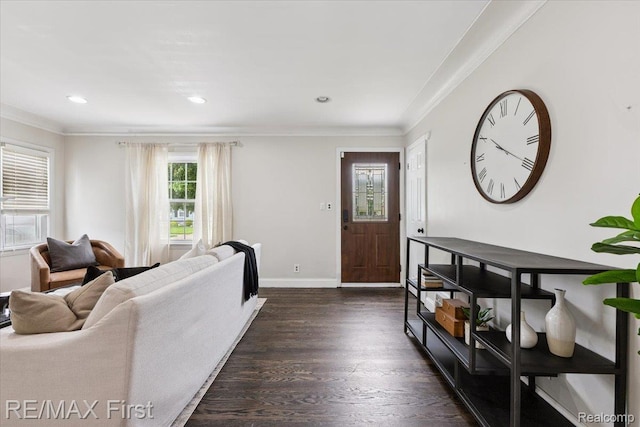 24360 Grove Ave, Eastpointe, MI 48021 - living area with ornamental molding, dark wood-type flooring, and recessed lighting