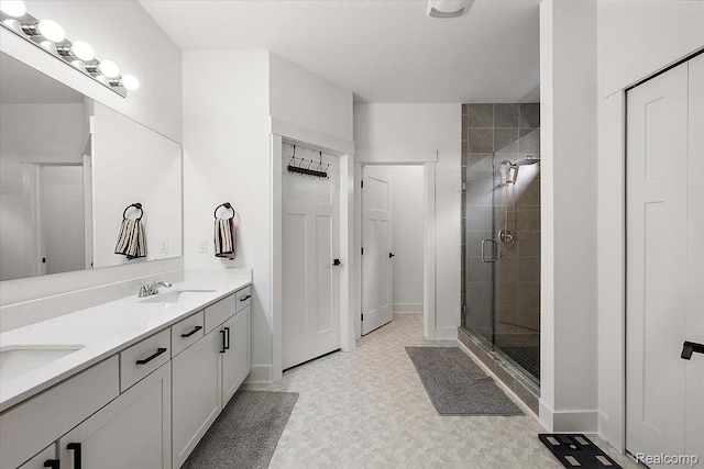 20848 Wexford Dr, Macomb, MI 48044 - full bath with double vanity, tile patterned floors, a shower stall, and a closet