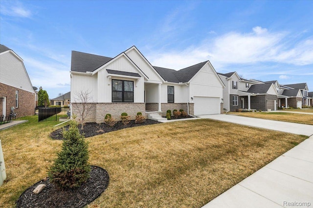 20848 Wexford Dr, Macomb, MI 48044 - modern inspired farmhouse with board and batten siding, concrete driveway, a residential view, an attached garage, and stone siding