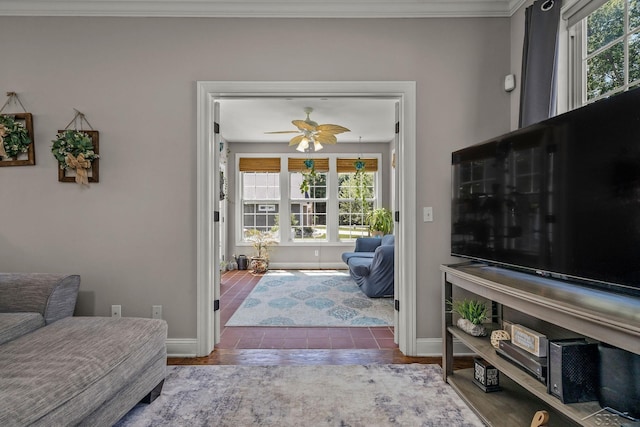 12449 Northway Pkwy, Freeland, MI 48623 - living room featuring ceiling fan, crown molding, and wood finished floors