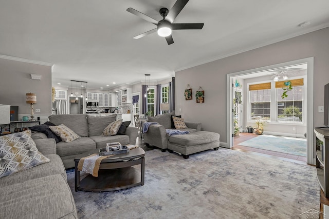 12449 Northway Pkwy, Freeland, MI 48623 - living room with a ceiling fan, ornamental molding, and recessed lighting