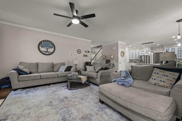 12449 Northway Pkwy, Freeland, MI 48623 - living area featuring ornamental molding, stairway, ceiling fan, recessed lighting, and light wood-style floors