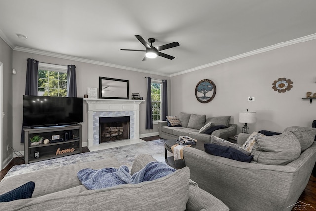 12449 Northway Pkwy, Freeland, MI 48623 - living room featuring crown molding, a ceiling fan, plenty of natural light, and wood finished floors