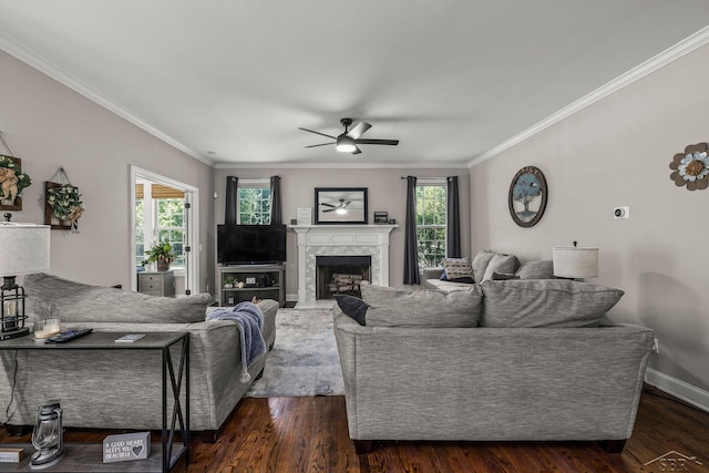 12449 Northway Pkwy, Freeland, MI 48623 - living area with plenty of natural light, ceiling fan, a fireplace, ornamental molding, and dark wood-type flooring