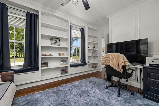 12449 Northway Pkwy, Freeland, MI 48623 - home office with dark wood-style floors, a ceiling fan, and crown molding