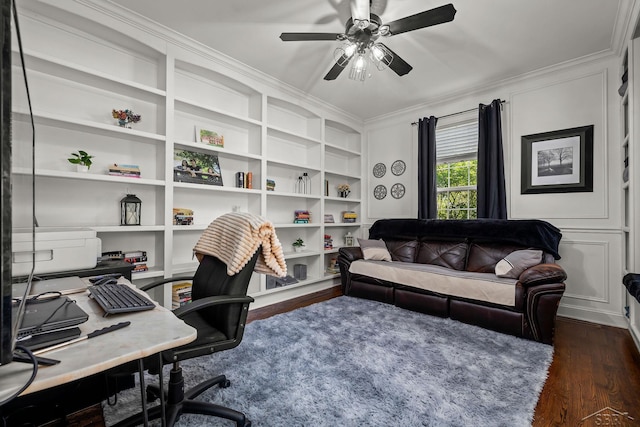 12449 Northway Pkwy, Freeland, MI 48623 - office space featuring ceiling fan, ornamental molding, dark wood-type flooring, and built in features