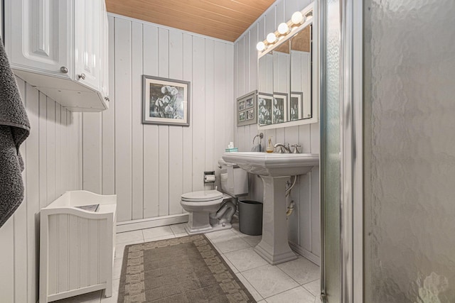 26794 Dutch Settlement St, Dowagiac, MI 49047 - bathroom with tile patterned flooring, wooden ceiling, and wooden walls