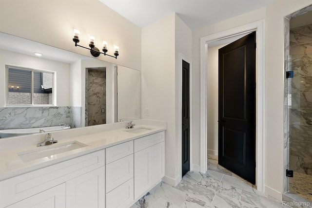 53650 Romeo Plank Rd, Macomb, MI 48042 - full bathroom featuring a marble finish shower, double vanity, a tub, and marble look tile flooring