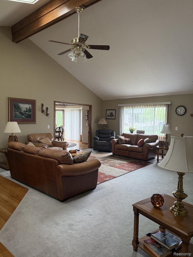 35851 Ireneus Dr, New Baltimore, MI 48047 - carpeted living area with ceiling fan, healthy amount of natural light, beamed ceiling, and high vaulted ceiling