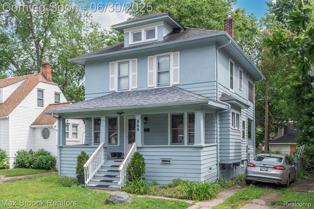 464 E Cambourne St, Ferndale, MI 48220 - traditional style home with a porch, a chimney, a shingled roof, and stairway