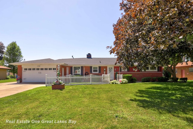 2165 Augsburg Dr, Saginaw, MI 48603 - ranch-style house featuring an attached garage, brick siding, driveway, and a chimney