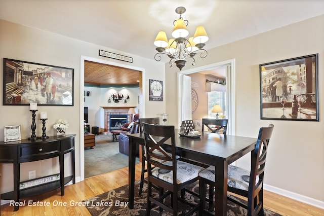 2165 Augsburg Dr, Saginaw, MI 48603 - dining space with a brick fireplace, a chandelier, and wood finished floors