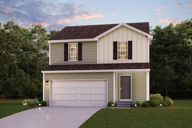 1420 Eisenhower Ln, Milan, MI 48160 - view of front of property with concrete driveway, board and batten siding, a garage, a yard, and a shingled roof