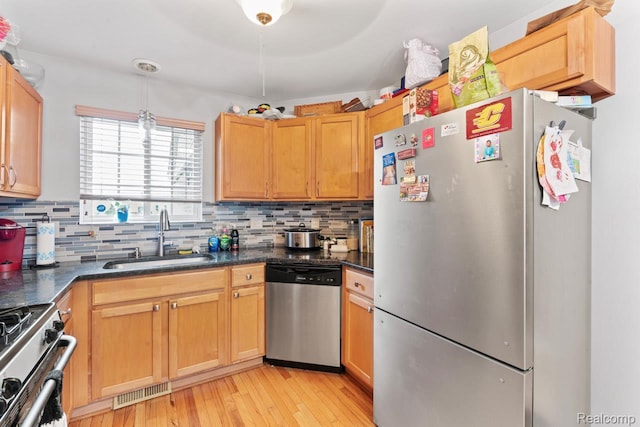 2255 Crystal Crossing Dr, Howell, MI 48843 - kitchen with stainless steel appliances, backsplash, and dark countertops