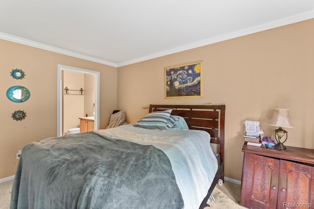 2255 Crystal Crossing Dr, Howell, MI 48843 - bedroom featuring light colored carpet, ornamental molding, and ensuite bath