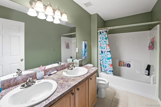 2255 Crystal Crossing Dr, Howell, MI 48843 - bathroom with double vanity, tile patterned floors, and shower / bath combination with curtain