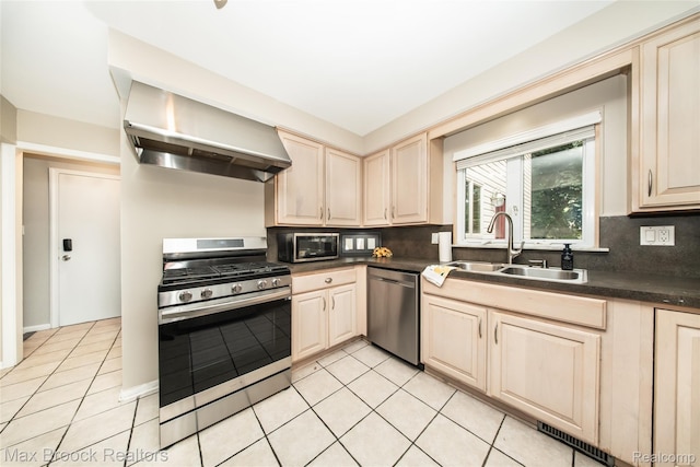 6730 Halyard Rd, Bloomfield Hills, MI 48301 - kitchen featuring stainless steel appliances, wall chimney range hood, dark countertops, and decorative backsplash