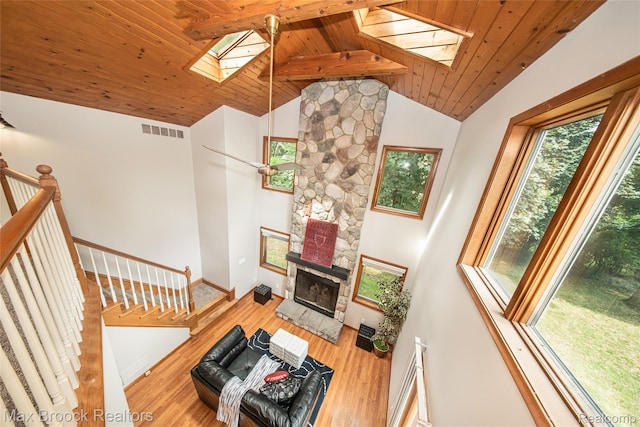 6730 Halyard Rd, Bloomfield Hills, MI 48301 - living area featuring a skylight, wooden ceiling, lofted ceiling, and wood finished floors