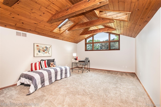6730 Halyard Rd, Bloomfield Hills, MI 48301 - carpeted bedroom featuring a skylight and wooden ceiling