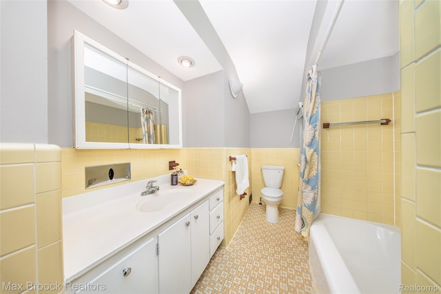 6730 Halyard Rd, Bloomfield Hills, MI 48301 - full bathroom with tile walls, vanity, a wainscoted wall, and shower / tub combo with curtain