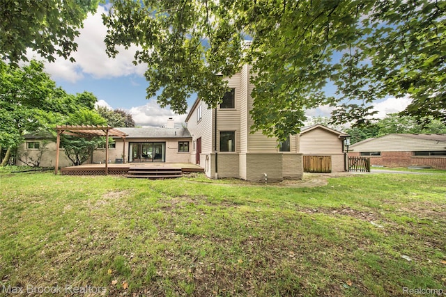6730 Halyard Rd, Bloomfield Hills, MI 48301 - rear view of property with a pergola, a deck, brick siding, and a chimney