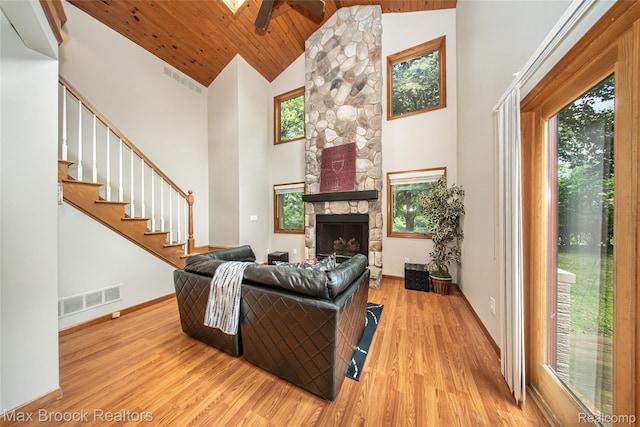 6730 Halyard Rd, Bloomfield Hills, MI 48301 - living area with high vaulted ceiling, wood finished floors, a fireplace, wooden ceiling, and stairway