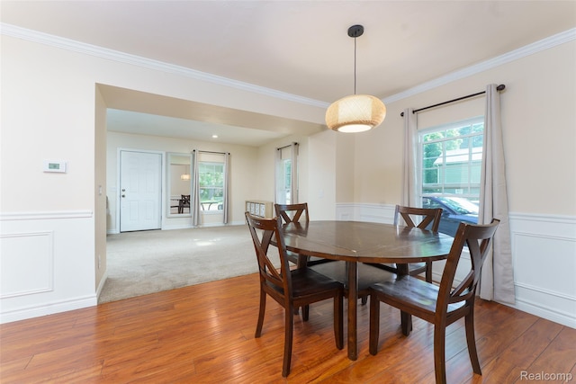 405 Garden Ln, Fowlerville, MI 48836 - dining area featuring wood finished floors, ornamental molding, a wainscoted wall, and a decorative wall