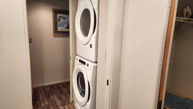 3400 Lakeside Dr S Unit 17, Petoskey, MI 49770 - laundry room with stacked washer / drying machine and dark wood-style flooring