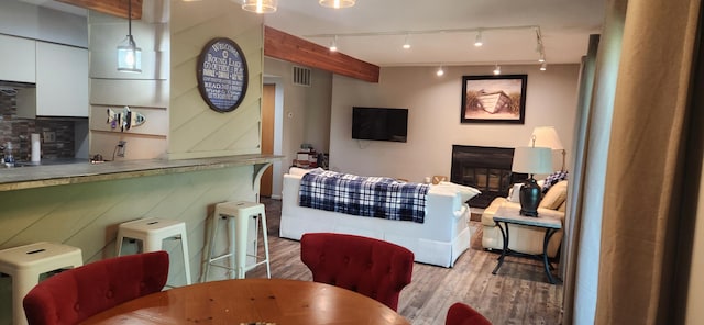 3400 Lakeside Dr S Unit 17, Petoskey, MI 49770 - living room featuring wood finished floors, a glass covered fireplace, track lighting, and bar area