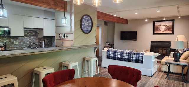 3400 Lakeside Dr S Unit 17, Petoskey, MI 49770 - living room with wood finished floors, a glass covered fireplace, and track lighting