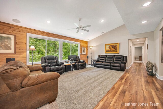 8035 Jericho Ave NE, Rockford, MI 49341 - living room featuring plenty of natural light, recessed lighting, wood finished floors, a ceiling fan, and vaulted ceiling