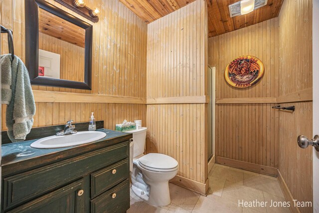 8035 Jericho Ave NE, Rockford, MI 49341 - bathroom featuring wood ceiling, wooden walls, vanity, a shower stall, and tile patterned flooring