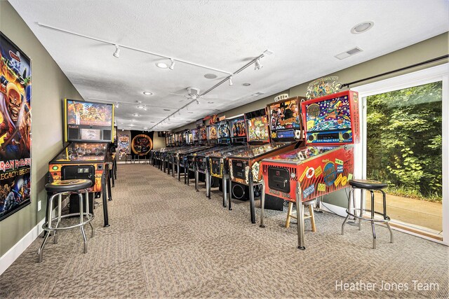 8035 Jericho Ave NE, Rockford, MI 49341 - bar area featuring rail lighting, carpet floors, and a textured ceiling