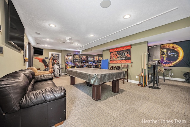 8035 Jericho Ave NE, Rockford, MI 49341 - playroom featuring a textured ceiling, billiards table, recessed lighting, carpet floors, and ceiling fan